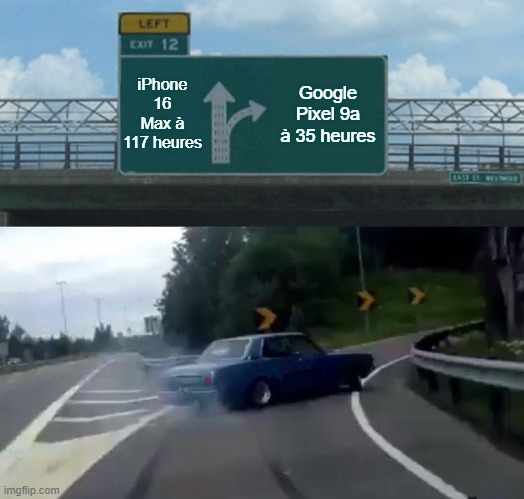 Left Exit 12 Off Ramp Meme : Choisir entre un iPhone 16 Max à 117 heures ou bien entre un Google Pixel 9a à 35 heures