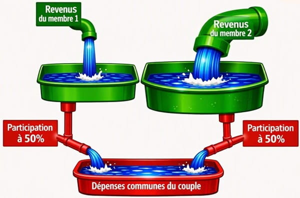 La méthode égalitaire conserve l'autonomie financière de chacun et chacun contribue à exactement 50.00% des dépenses communes du couple.
