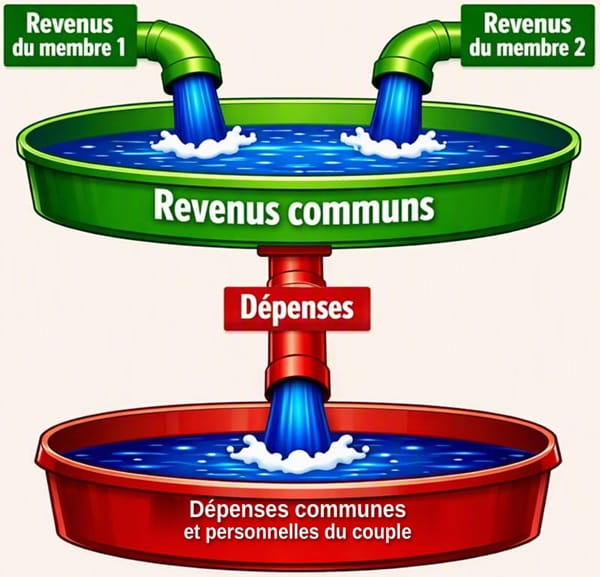La méthode commune indique les sources de revenu vers la même source, qui a son tour paye toutes les dépenses (communes et personnelles)