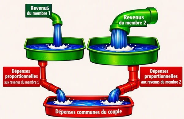 Dans la méthode équitable, chacun conserve sa source et revenu et ensuite la répartition des dépenses est proportionnelle au revenu de chacun.